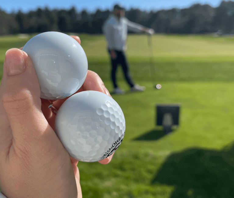 A hand holding two golf balls showing ball dimples