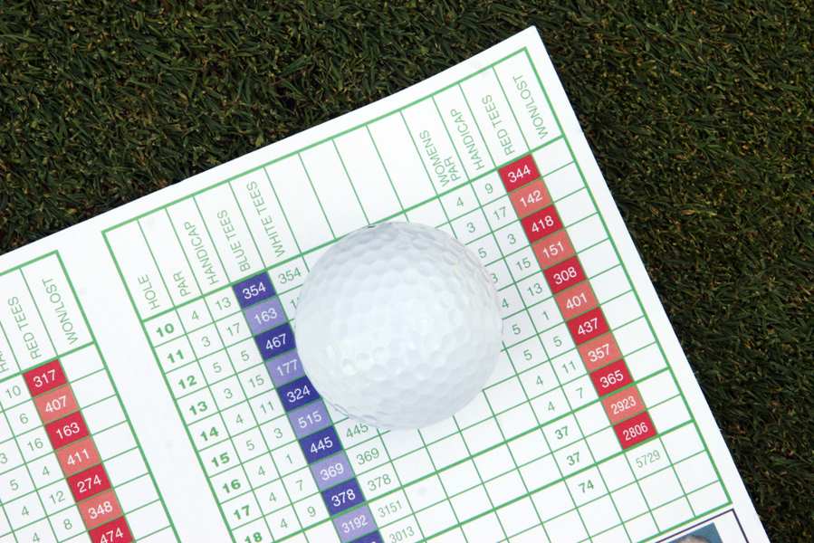 A top view of a golf ball on a handicap golf scorecard