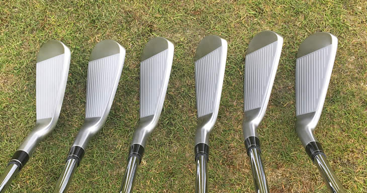 A view of six golf irons lying in grass