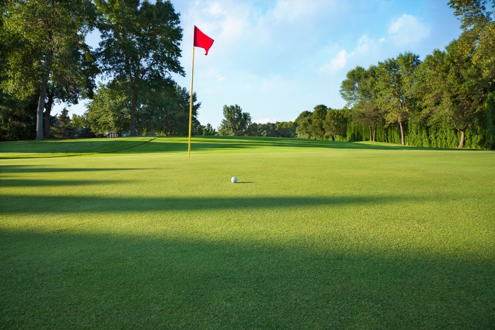 A low angle view of a golf green with a red flag and a golf hole