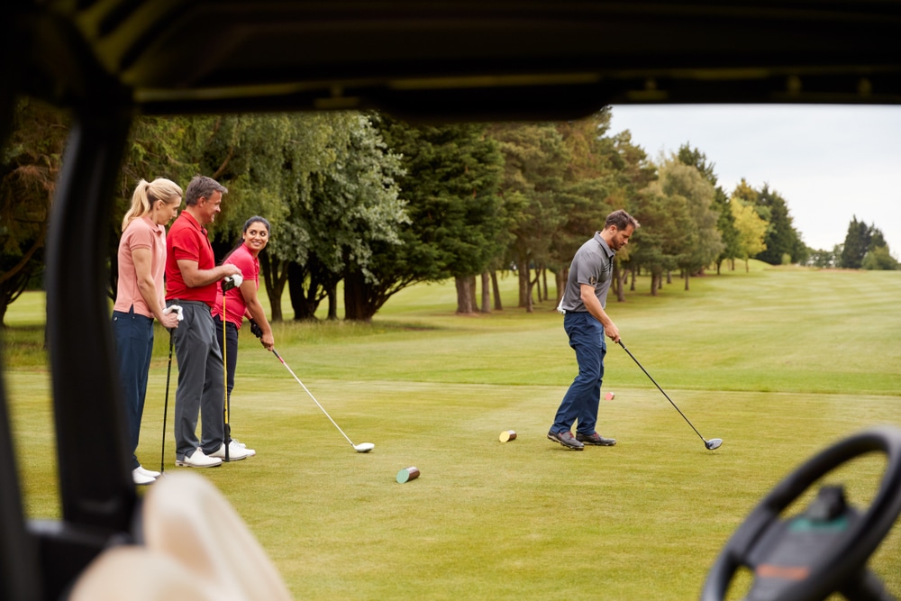 A view of a players teamed up playing 4 ball golf