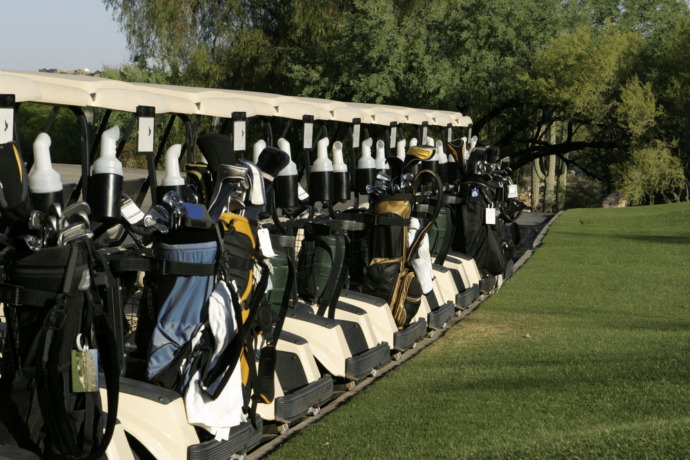 A view of golf carts lined up