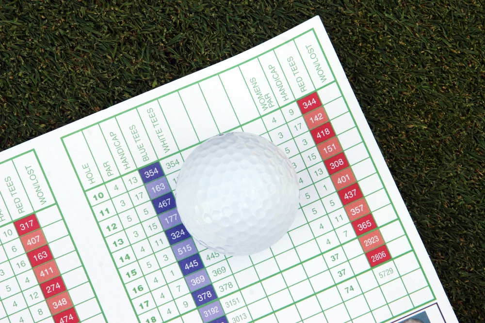 An overhead view of a golf scorecard with a ball on it