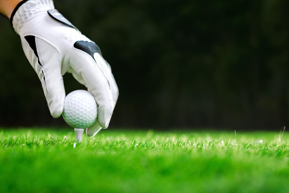 zoomed in view of a hand placing a ball on tee in the ground