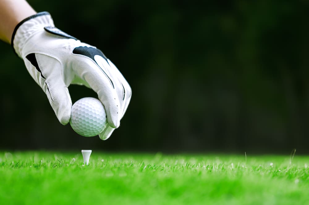 Hand Putting Golf Ball On Tee In Golf Course