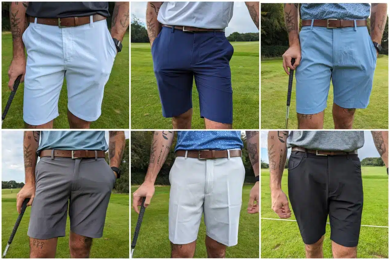 men wearing different golf shorts collage